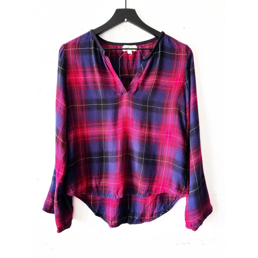 Cloth & Stone XS Plaid Rayon Long Sleeve Split Neck Blouse Red Navy
